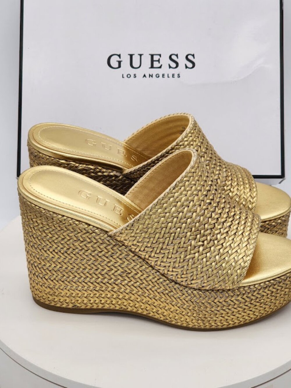 GUESS Yenisa Gold Woven Platform Wedge Slide Sandals Women's Size 7 M - Picture 2 of 9